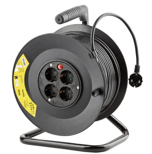 Kabeltrommel 50 Meter – 4-fach mit Schutzkontaktsteckdosen | Schwarz Kunststoff